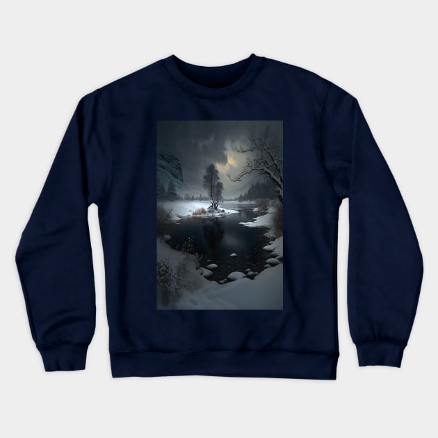 Landscape of winter lake in mountain valley - eerie nights Crewneck Sweatshirt by UmagineArts